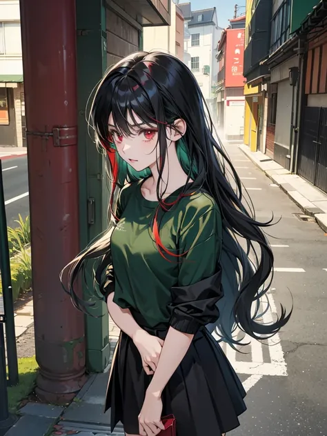 anime woman, red eyes, black hair ombre green, wavy long hair. wear short black skirt, green t shirt. wear jacket. have bangs. outfit casual modern. background in gang street. she hiding. she is spy. in winter