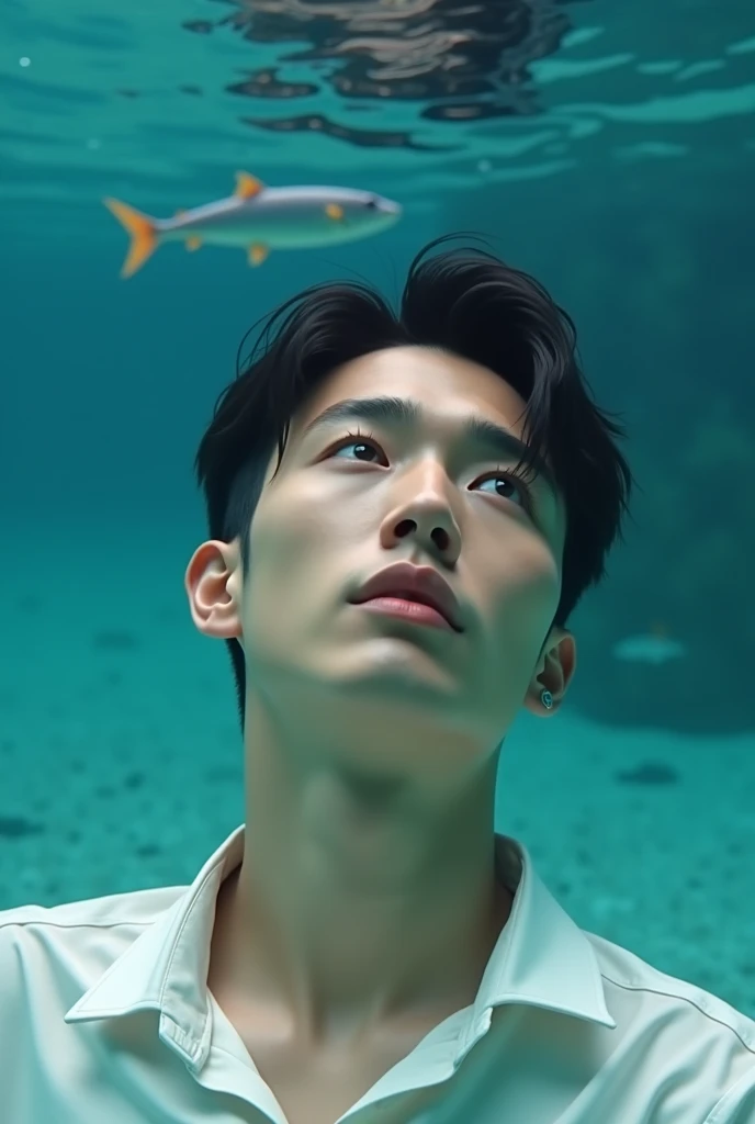 male, sharp nose, Thick line, korean, Thick neck, Model, Lee Soo-hyuk, Slicked back hair, Face enlargement, Looking up, Kim Soo Hyun, Lying in the aquarium, ocean, Smooth skin, shirt, insight, scion