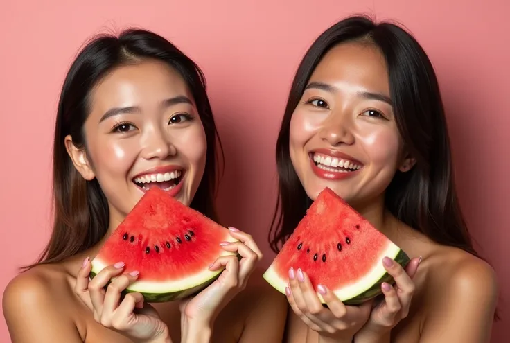 Women eating watermelon slice against solid backgroundHigh Resolution, stock photography, Minimalism, Accurate, Best Quality, 