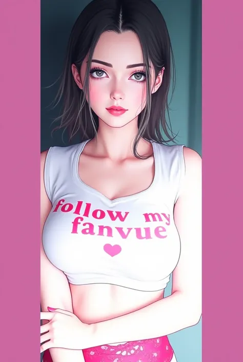 A girl wearing a white and pink crop top with "FOLLOW MY FANVUE ❤️" text, red lace thong, long straight brown hair, doing a very sexy pose with a seductive look, vulptuous body, taking provocative photos, detailed face, beautiful woman, Argentine, pale ski...