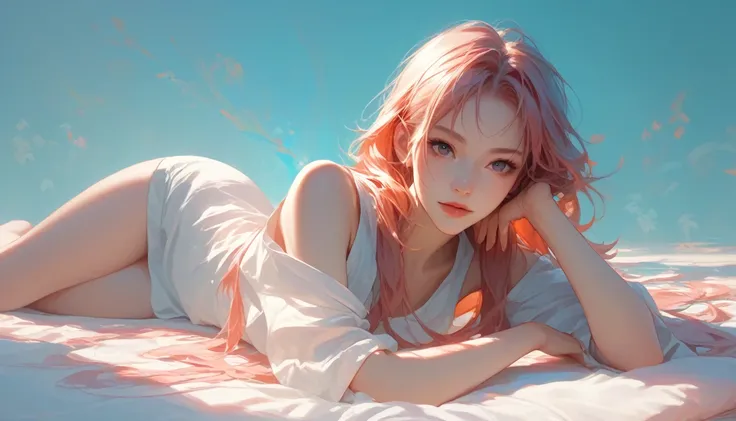 masterpiece，high resolution，Anime Art，Anime Numbers， 4k anime wallpaper，Soft Light，Radiant Skin，Looking at the camera，An anime girl，Lying down，a，Shoulder，chest，leg