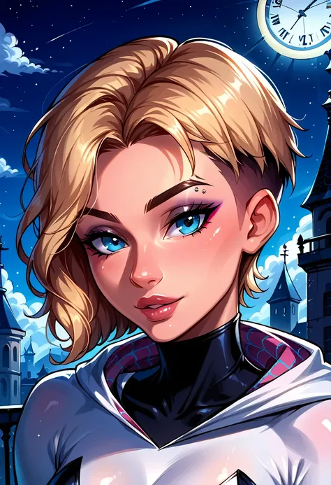 Dark Fantasy Art of score_9, score_8_up, score_7_up, rating_questionable, fantasy, lighting, epiCPhoto 1girl, very sexy short hair Gwen Stacy, Spider Gwen suit, solo, cute, flirt, gaze, sexy look, half-closed eyes, head tilt, filled lips, thick lips, makeu...