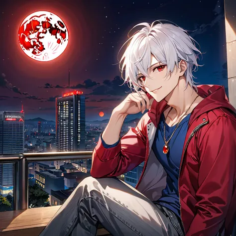 {{high quality}}, {{8K Ultra HD}}, red eyes, 1male, crimson jacket, indigo shirt, grey Jeans, red-crescents moon necklace, Anatomical correct, Best quality, anime, human male, white hair, {{masterpiece}}, night time background, staring out to city, gentle ...