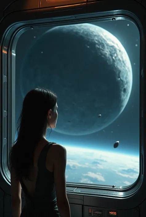 Female Looking through a spaceship window at a Black metal planet with broken piece in empty space