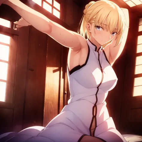 High resolution, 最high resolution,high resolution,{Things to know_f de stay night ufotable:1.15}, Rubio_ Best Quality, masterpiece, フルnude,Sweatだく,Blushing,smile,Armpitアップ,Sweat,Armpitを広げて見せている,bed,Moist,Blonde,whole body,pubic hairあり,Love juice,Armpit,sid...