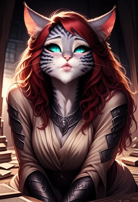 a sexy nude catgirl with long detailed red hair, beautiful detailed eyes, beautiful detailed lips, extremely detailed face, sedu...