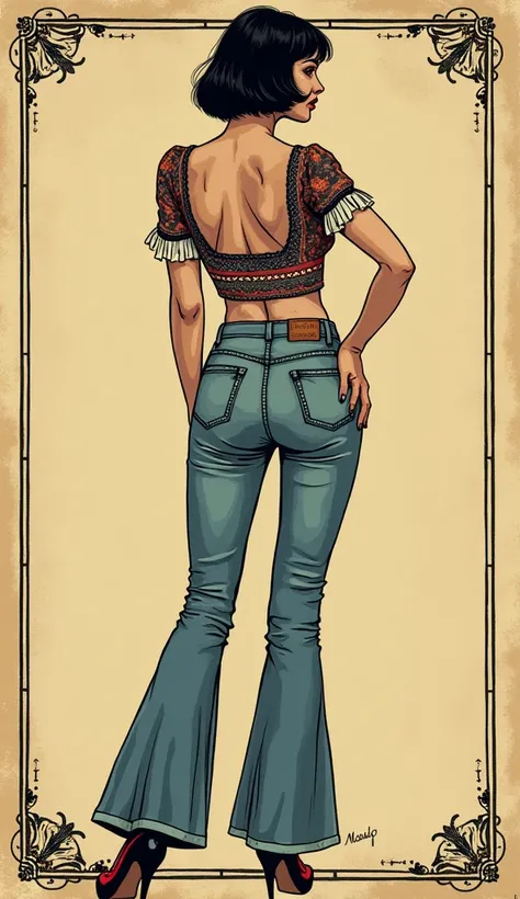 masterpiece, plain vintage tarot line-art aesthetics, orgasm,submissive, mature diva, high-waisted flared jeans, ethnic pattern, tight blouse, turns around, frame, heels, freckles, bob haircut