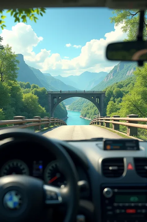 You are driving a car over a bridge that crosses a river. In the environment

the area, looks like a natural scene that is so beautiful and interesting. Depict the situation from a close-up with an emphasis on perspective, space and color.