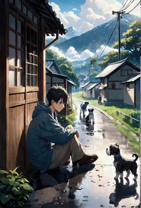 A boy who lives at the foot of the mountain、Takeru got up early every morning and went to the village school.、One Morning、A small miniature schnauzer was sitting on the side of the road.、Morning after rain、His wet fur looked cold、Her eyes were as if she wa...