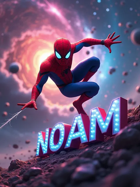 Sur un fond intergalactique remplis de couleur éclatantes
Spiderman se balance 
Le prenom NOAM en lettre majuscules en 3D en bas de l’image 