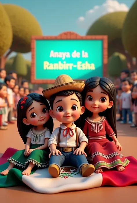 A 3D render of a light-skinned child with Chinese hair wearing a ranchero outfit and two light-skinned girls, one with straight black hair and the other with long, wavy hair. They are sitting on top of the Mexican flag. The background is a festive setting ...