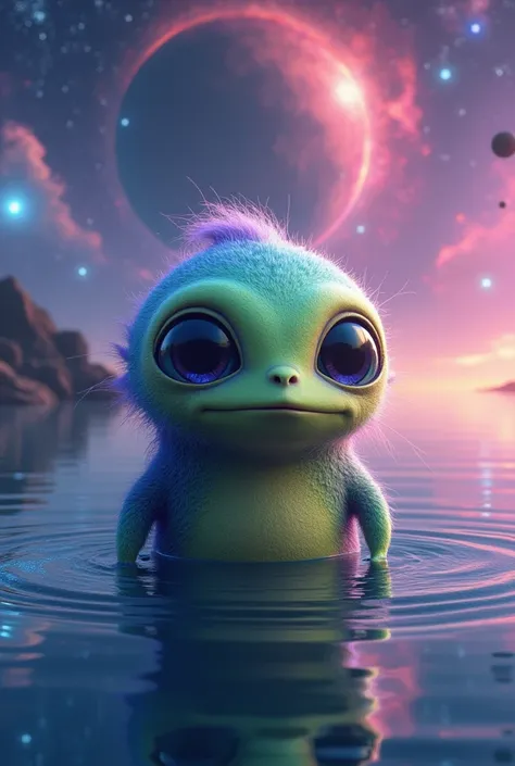 (ultra-detailed, highres, best quality, realistic, vivid colors), cute one eyed alien, minion like, green blue and purple, extraterrestrial being, photography , water planet, nebulae sky, ((best shadow)), best quality