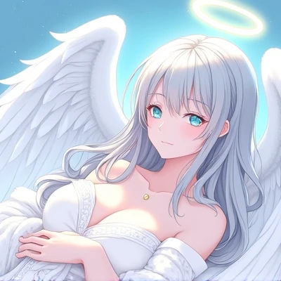 Life size,Fluffy atmosphere,high resolution,Gray Hair,long,Light blue eyes,With wings,An angelic girl with a halo,Lying down 