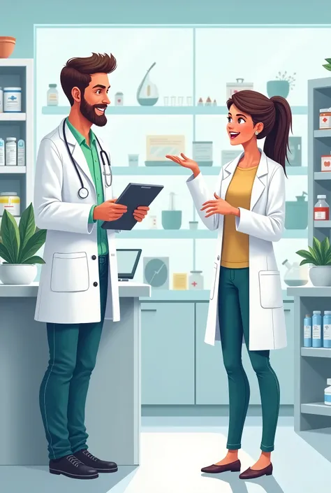 Illustration style，Two pharmacists，A man，A woman，Standing and chatting