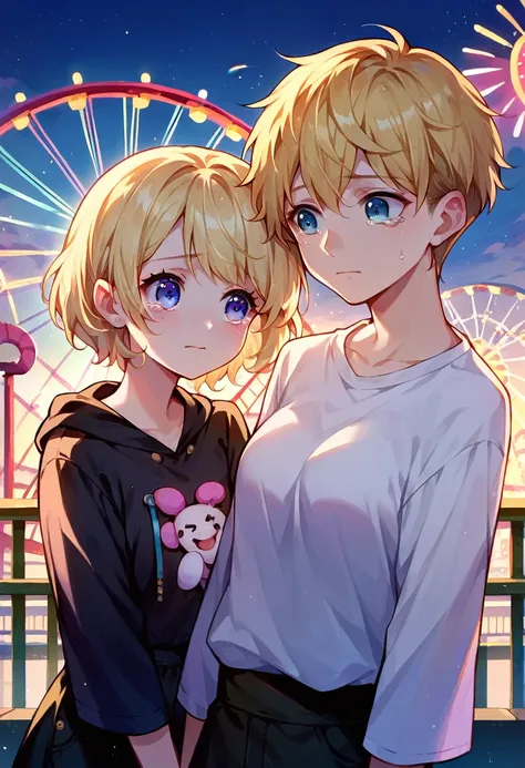 Blonde short hair girl hugs black short hair girl , Amusement park 、the Ferris wheel , Late at night, dark,tear,Glad, ( There must be two people in the image) ,cute short hair girls