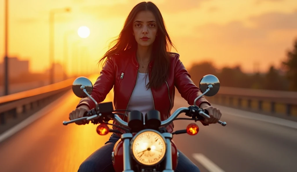 "(((amber2))), a female model with long brown-black straight hair, riding a motorcycle on a highway at golden hour. She is wearing a leather red jacket with the zipper fully closed, with a white T-shirt visible underneath. The scene is set during golden ho...