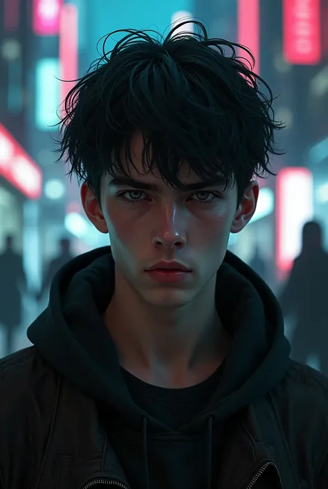 Portrait of teenage man with medium long hair with serious and upset look cyberpunk style