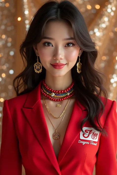 a korean woman wearing Taylor Swift red clothes with a logo “D’Dragons” in her clothes. She is wearing a necklace with “PEN” engraved in it. She is also wearing friendship bracelets. She was smiling towards the camera, with bejeweled background