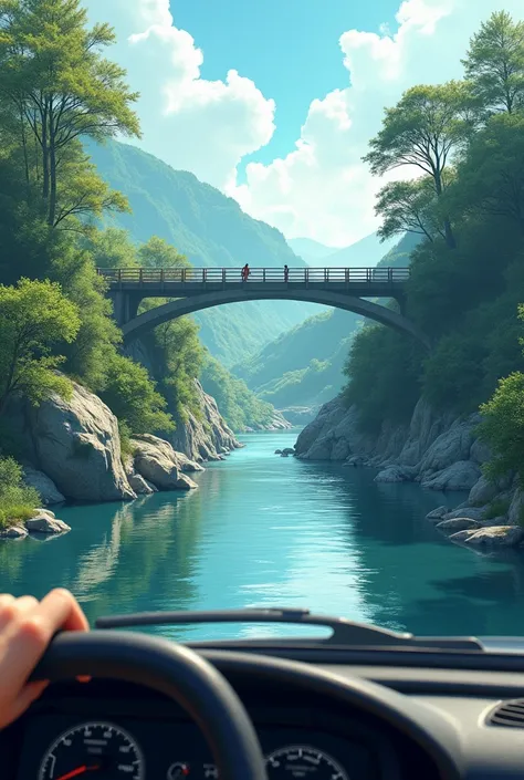 You are driving a car over a bridge that crosses a river. In the environment

the area, looks like a natural scene that is so beautiful and interesting. Depict the situation from a close-up with an emphasis on perspective, space and color.

Make it easy to...