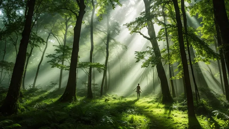 A dense, mystical forest with towering trees, shafts of sunlight piercing through the thick canopy, and a glowing spirit-like figure standing at the heart of the forest. Mist rolls across the ground.