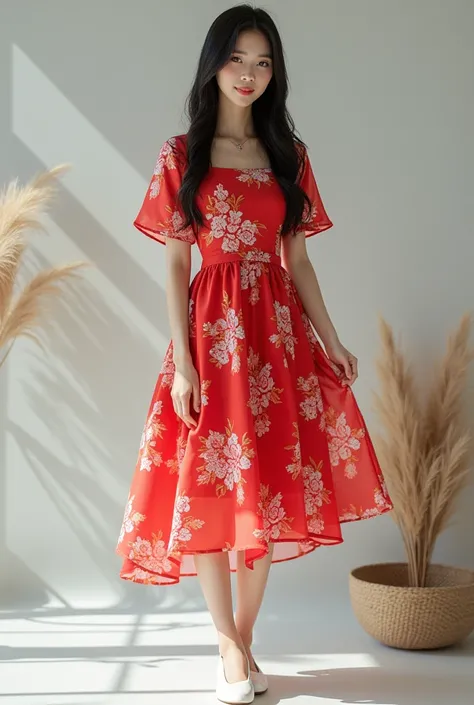 Realistic korean Cute 2 1 woman wearing red flared floral knee length dress with white shoes having long length  black straight hairs photoshoot