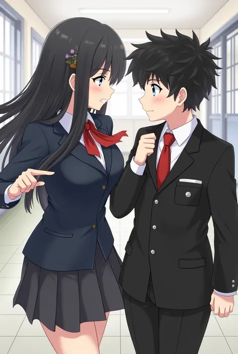 Girl with black pigtails wearing tight uniform and red tie with a boy with black curly hair wearing black uniform and red tie 