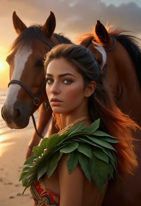 2 girl riding horses, a beautiful woman, a handsome man riding a horse,pictur of back, detailed leaf-like clothing, amazonian style, on a beach, sunset, realistic, rear view photo, (best quality,4k,8k,highres,masterpiece:1.2),ultra-detailed,(realistic,phot...