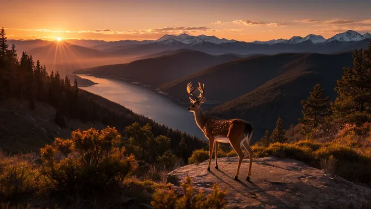 A majestic deer-like spirit standing on a cliff overlooking a vast, untouched wilderness. The scene is bathed in the warm glow of dusk, with distant mountains silhouetted against the sky.