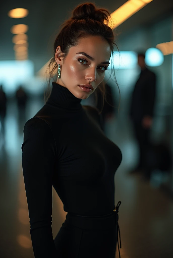 photo of beautiful sexy (ir1n4shayk:0.99), a woman as a TikTok celebrity, ((closeup portrait:1.3)), (tight black turtleneck top:1.2), tight long skirt, at the airport, dark moody ambience (masterpiece:1.2) (photorealistic:1.2) (bokeh) (best quality) (detai...