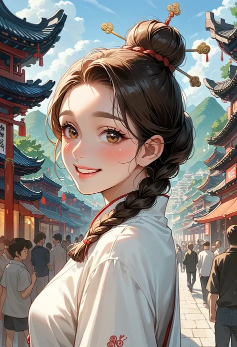 k-pop idol: 1.2, mix4, 1 Korean girl, 14 years, (light eyebrows: 1.4), Shiny brown eyes, bun head, braided two braids, Ancient city, Chinese Temple, high mountain, beautiful sky detailing, street (crowd:1.2), night, (blush of the nose), Hanfu, happy, smile