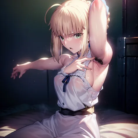 High resolution, 最high resolution,high resolution,{Things to know_f de stay night ufotable:1.15}, Rubio_ Best Quality, masterpiece, フルnude,Sweatだく,Blushing,smile,Armpitアップ,Sweat,Armpitを広げて見せている,bed,Moist,Blonde,whole body,pubic hairあり,Love juice,Armpit,sid...