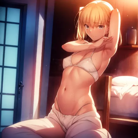 High resolution, 最high resolution,high resolution,{Things to know_f de stay night ufotable:1.15}, Rubio_ Best Quality, masterpiece, フルnude,Sweatだく,Blushing,smile,Armpitアップ,Sweat,Armpitを広げて見せている,bed,Moist,Blonde,whole body,pubic hairあり,Love juice,Armpit,sid...