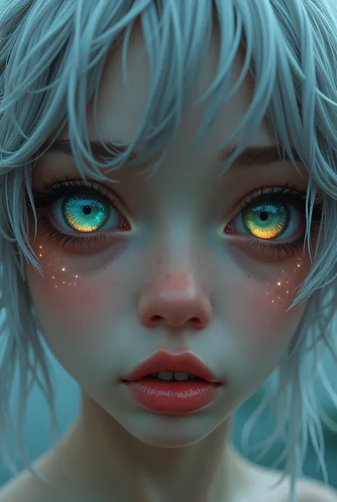 Woman petite (Close-up of a better masterpiece:1.5)0.9], (secratary and cyber:1.2) (Messy silver hair:1.1) (Heterochromia xanthochromia and blue eyes:1.2) (Colored stars in the eyes:1.0) (A radiant glow:1.1) (thick lips:0.9)