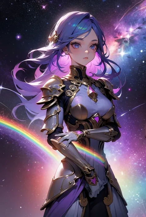 Twins with rainbow colored hair and detailed lavender dress armor, epic posing, rainbow colored cosmic nebula background, stars, galaxies, intricate details, perfect face, long eyelashes, detailed armor, breasts, no extra hands, no extra fingers, epically ...