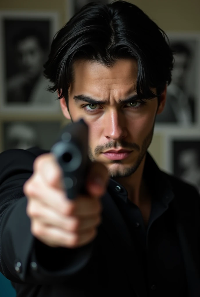 A young handsome man, German, black hair, He looks slightly annoyed, 8k 18k, realistic photography, clear skin, light green eyes, holding a gun, black clothes, waist up photography, portrait, facial features worthy of adoration, fall in love just by lookin...