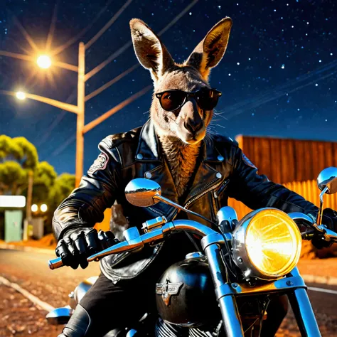 Closeup, an extremely badass kangaroo sitting on a motorcycle, wearing an insanely cool black leather Harley Davidson biker jacket open, black leather biker gloves, black leather biker pants, black sunglasses, driving fast on a small street in the Australi...