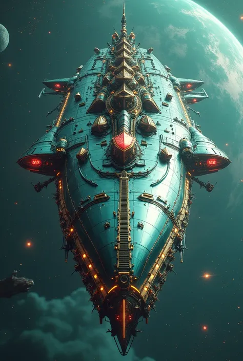 A 4D Hyperion realistic image of a bulky coral green chrome starship floating in space amidst a backdrop of stars, other ships, and a majestic Earth-type planet.  Aiming downwards into infinity. Royalpunk-inspired industrial details and machinery infused i...