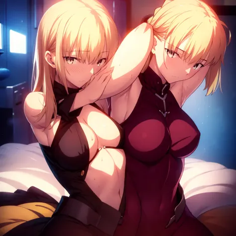 High resolution, 最high resolution,high resolution,{Things to know_f de stay night ufotable:1.15}, Rubio_ Best Quality, masterpiece, フルnude,Sweatだく,Blushing,smile,Armpitアップ,Sweat,Armpitを広げて見せている,bed,Moist,Blonde,whole body,pubic hairあり,Love juice,Armpit,sid...