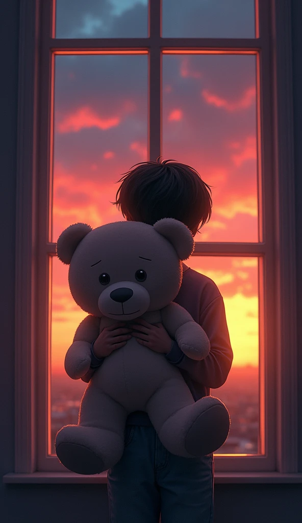 evening、A sky with a gradation of yellow, rose, and orange、、Holding a giant teddy bear、Looking out the window、Worried face、