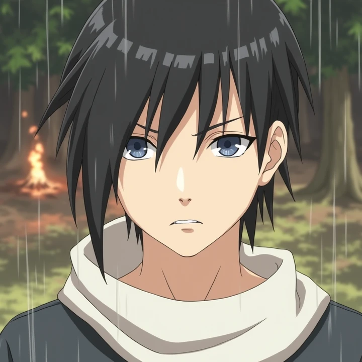 Closeup portrait, Uchiha Sasuke stand alone in the jungle, rainy sky, scattered fire, 4K, Anime, kishimoto, shonin Manga, Naruto Shippuden character, wearing a long jacket, long shinny hair, glamorous colors, 8K imaginative, deep learning, AI enhanced edit...