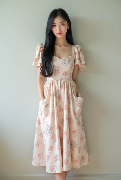 Realistic korean Cute 2 1 woman wearing plain red flared floral butterfly sleeves knee length dress having pocket with white shoes having long length  black straight keratin botox  hairs one side hairstyle n straight nose photoshoot with wall