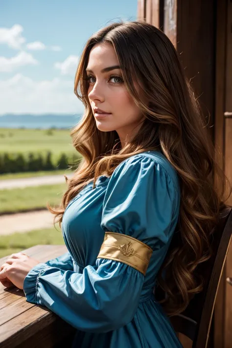 foreground: a pretty woman (anne of arms), wavy hair in the wind. she is a men&#39;s magazine model, he has a subtle smile and f...