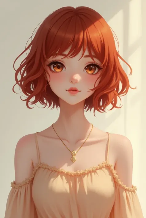 girl short hair shoulder length , red wavy with bangs, wearing a soft dress, slim body a little fat, square shaped body ,without bust , flat bust, 