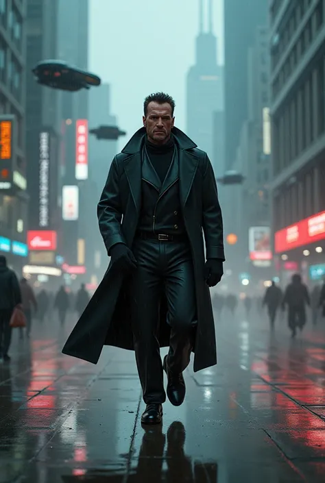 arnold schwarzenegger in the world of Blade Runner 2049 walking in a black coat in the rain with futuristic cars flying in the background