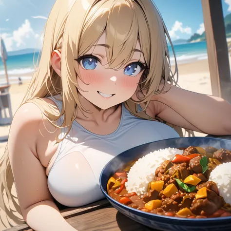 Top quality, masterpiece, high resolution, 8K, female, chubby, blonde, blue eyes, white school swimsuit, spicy curry and rice, smile, seaside





