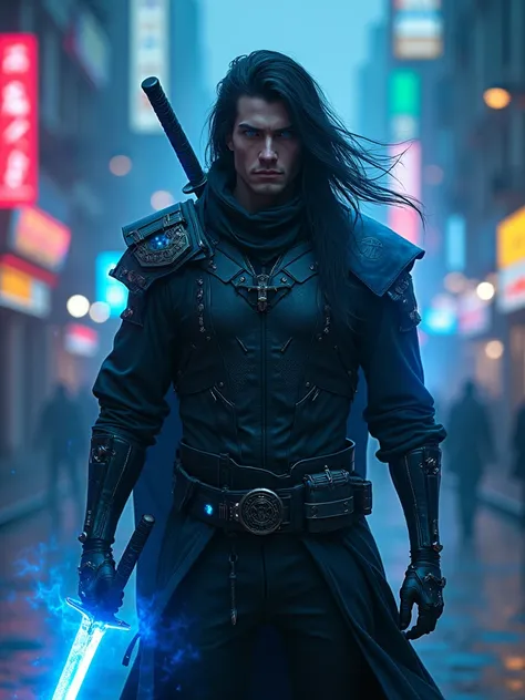 A handsome man, long hair, a cyberpunk male warrior, thunder Blue eyes, high tech warrior, glowing blue fire eyes, longer hair, with glowing katana