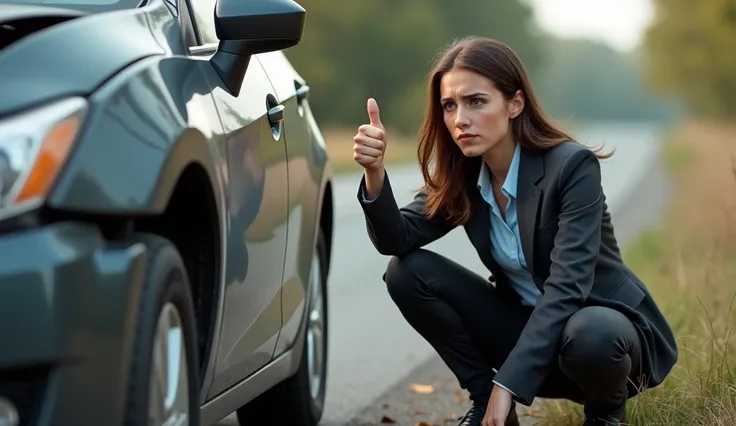 Create an image of a young working professional squatting next to a damaged car door by the roadside. He is showing a thumbs-down gesture with a sad expression while looking at the camera. Use natural lighting to capture the scene realistically