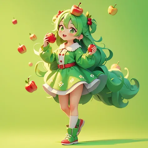 have a apple　Apple background　Aomori　Green Hair　Red dress　Personification
