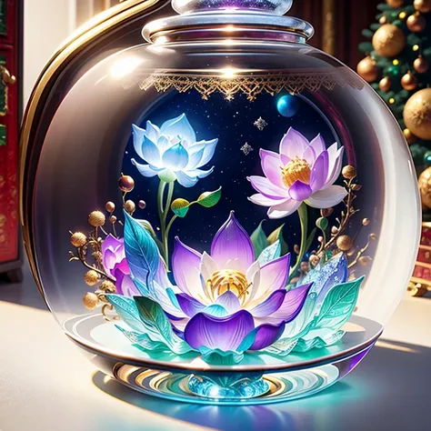 (la best quality,high resolution,very detailed,practical)，jelly lotus，in the room，christmas decoration，surrounded by christmas g...