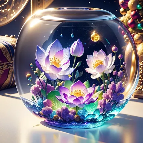 (la best quality,high resolution,very detailed,practical)，jelly lotus，in the room，christmas decoration，surrounded by christmas g...